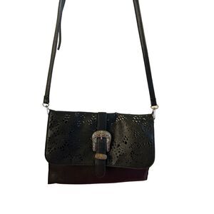 3am Forever western silver buckle  eyelet flap adj strap purse 12"x8.5"